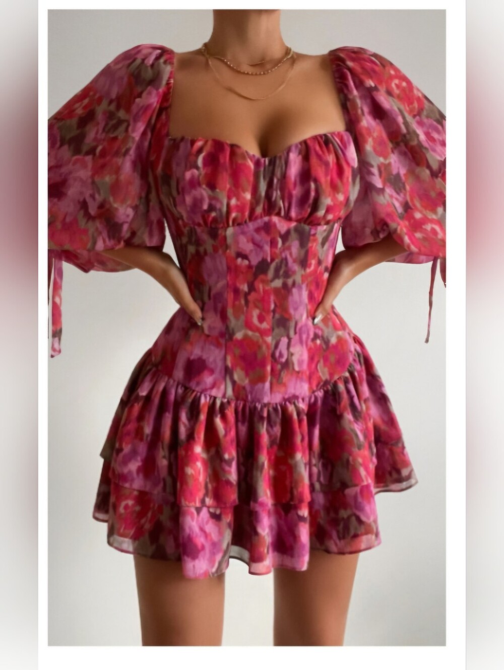 Showpo Floral Tiered Dress - Pink & Orange